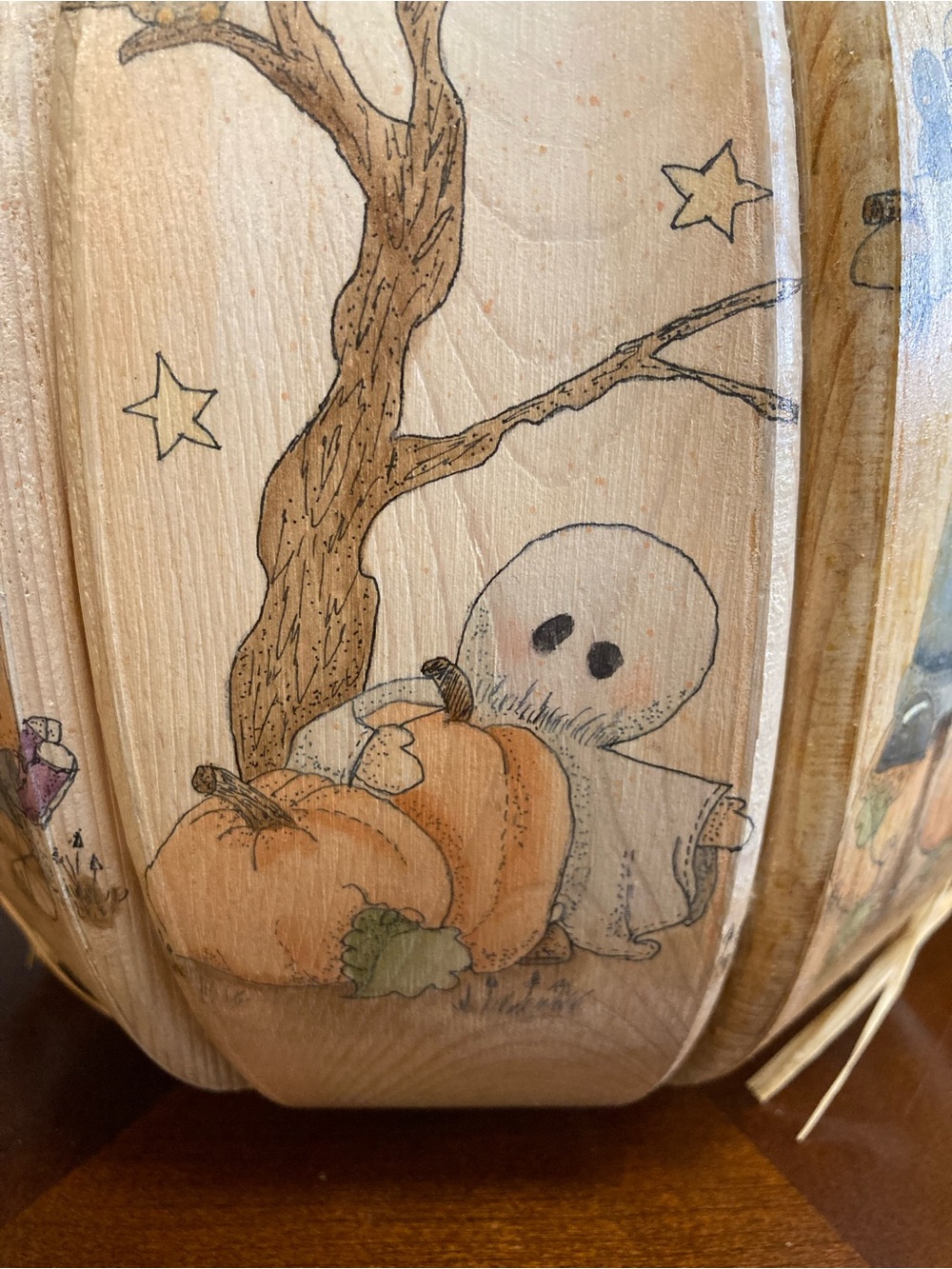 Vintage Hand Painted Wooden Fall Pumpkin Centerpiece With Ghost & Scarecrow Art - Picture 9 of 15